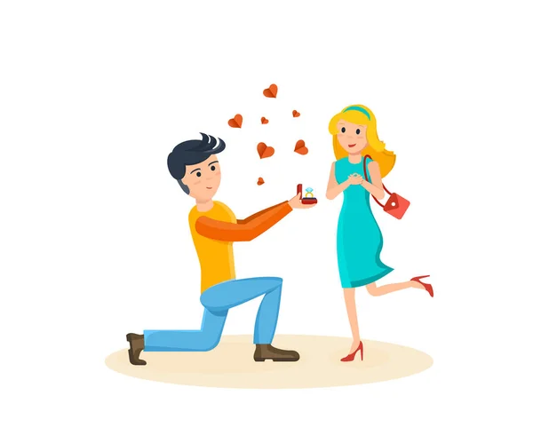 Hombre hace propuesta a su amada, chica encantada con sorpresa . — Archivo Imágenes Vectoriales