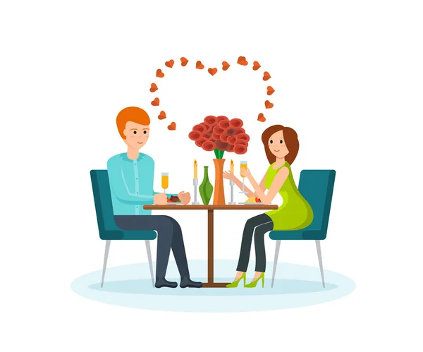 Αγαπητική ζευγάρι κάθεται στο τραπέζι στο εστιατόριο μιλάμε, να πίνουν σαμπάνια. — Διανυσματικό Αρχείο