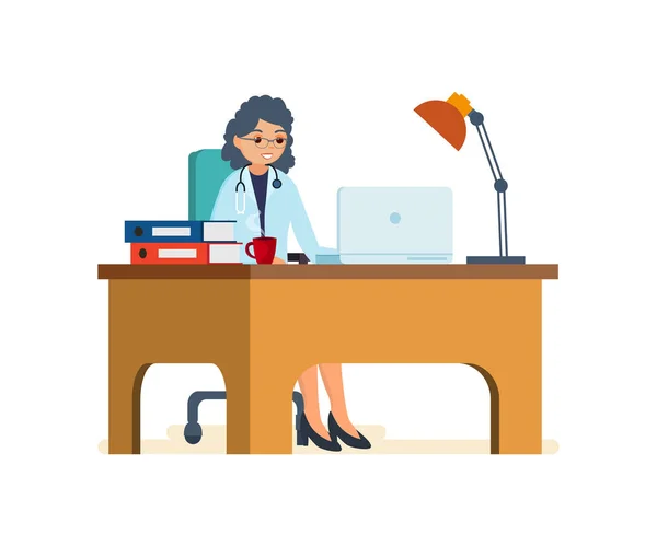 Doctor working in his office behind computer, documents of patients. — Stock Vector