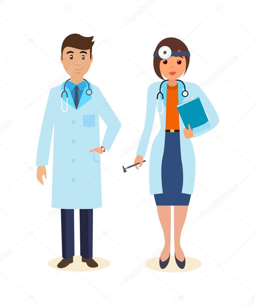 Doctor surgeon in gown, ENT with tools and research results.