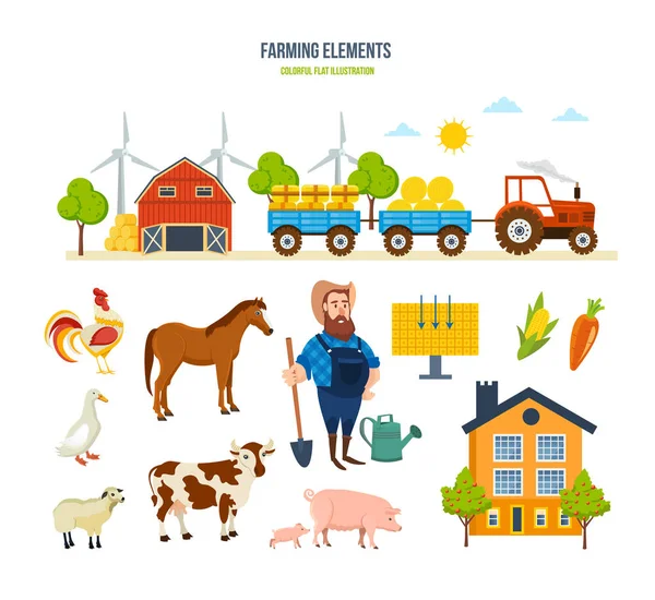 Entrepôt agricole, tracteur avec foin, animaux, fruits, légumes, milieu rural . — Image vectorielle