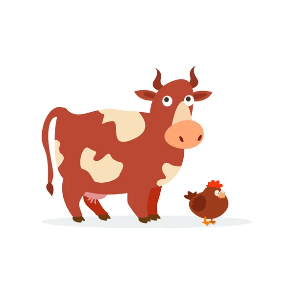 Αστεία αγελάδα και κοτόπουλο που απομονώνονται σε λευκό φόντο. — Διανυσματικό Αρχείο