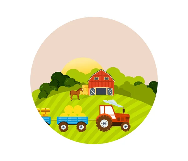 Farm and farmland, the village with gardens, greenery, harvest, grain. — Stock Vector