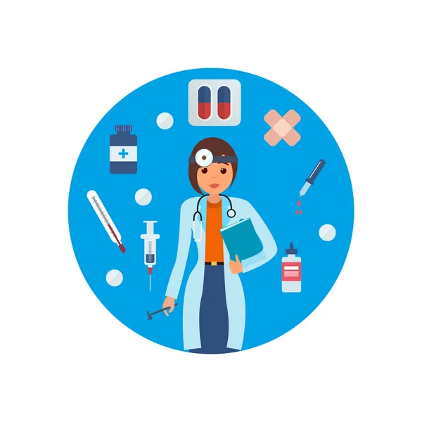 Doctor in medical gown with tools and research results. — Stock Vector