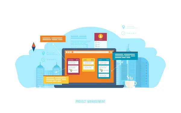 Project management, timemanagement, doelen, bedrijfsprocessen, controle, motivatie. — Stockvector