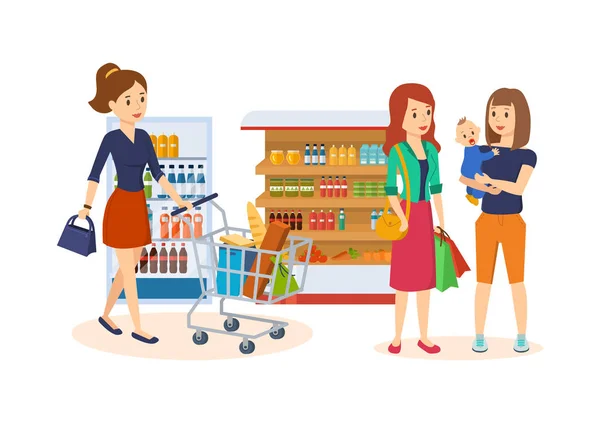 Les gens à l'épicerie, les marchandises achetées et marcher à travers le centre commercial . — Image vectorielle