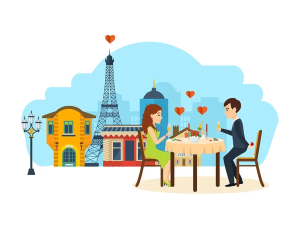 Enamoured couple sitting at table in restaurant talking, drinking champagne. — Stock Vector