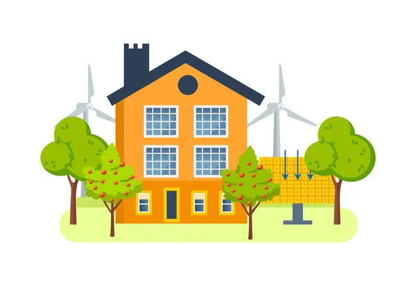 Farm house with windmills, solar energy generators, vegetation, fruit trees. — Stock Illustration Farm house with windmills, solar energy generators, vegetation, fruit trees. Royalty Free Stock Vectors