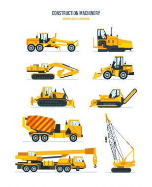 Construction machines, trucks, vehicles for transportation, asphalt, concrete mixing, crane. clipart