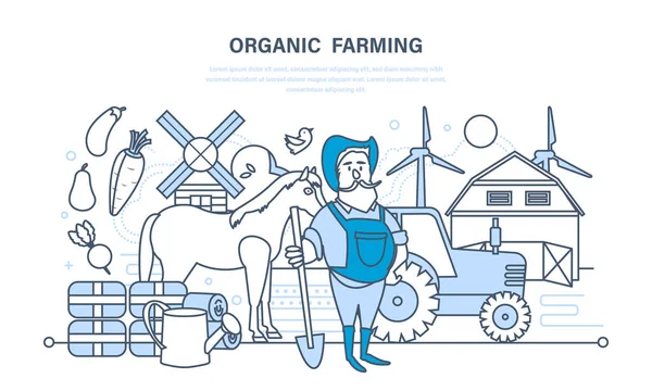 Organic farming, cultivation of natural products, animals, rise of skills. — Stock Vector