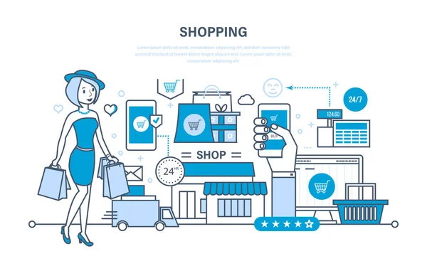Moderne winkels, online bestelsysteem van producten, beveiligde betaling, levering. — Stockvector