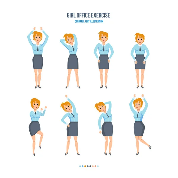 La chica en la oficina, en varias poses, haciendo ejercicios . — Vector de stock