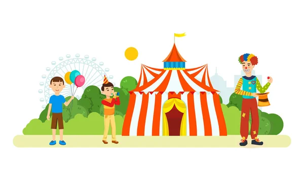 Clown unterhält Kinder vor Zirkusgebäude. — Stockvektor