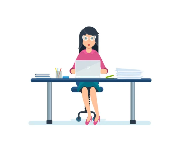 Zaměstnanec organizace, sedí ve své kanceláři pracuje na laptop. — Stockový vektor