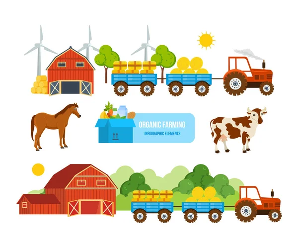 Armazém, terras agrícolas, animais de estimação, transporte de feno, trigo, produtos naturais, atividades eco-friendly . —  Vetores de Stock
