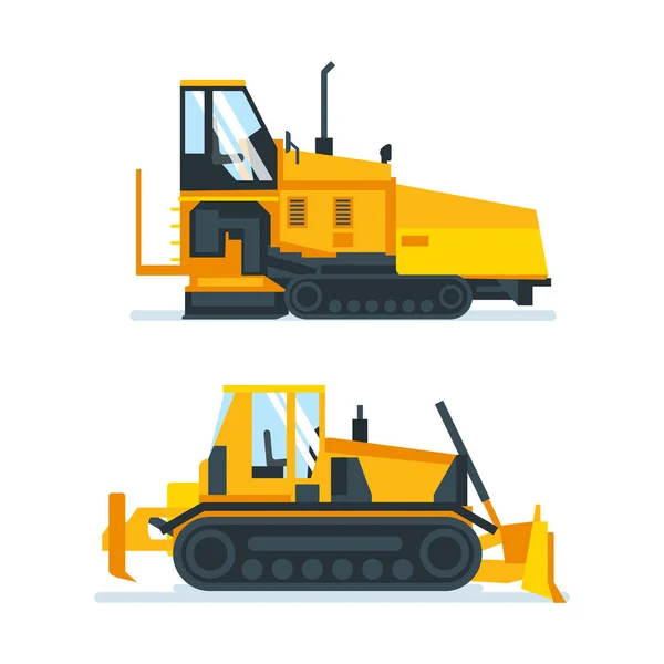 Építőipari gépek, teherautók, járművek szállítása, aszfalt, betonkeverő, daru. — Stock Vector