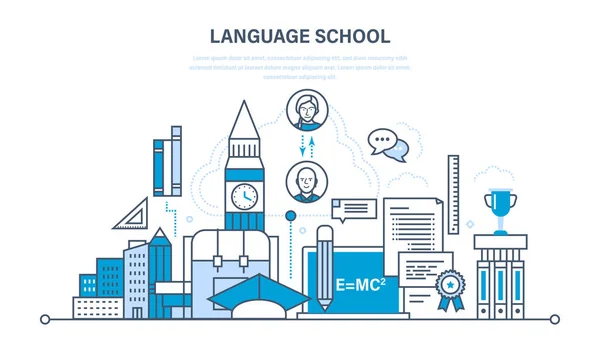 Escola de Línguas Estrangeiras, educação moderna, distância, comunicação — Vetor de Stock