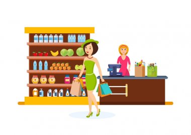 Kız yapmak alışveriş alışveriş merkezinde paket ürünleri ile taşır.