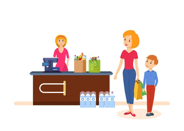 Mãe com seu filho passar dias úteis, implementando campanha na loja . — Vetor de Stock