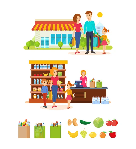Les familles achètent des produits dans le centre commercial, marchent et passent des jours de semaine . — Image vectorielle