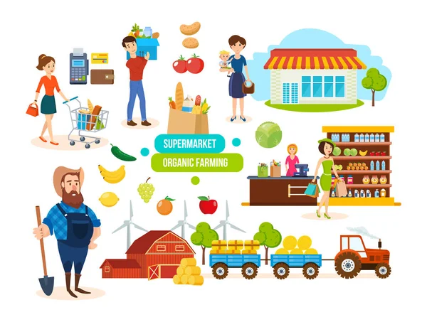 Compradores, vendedores en centro comercial, granjeros, ventas de productos naturales orgánicos . — Vector de stock