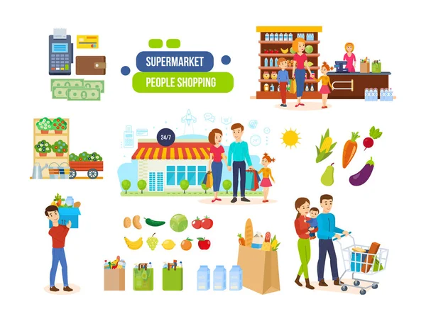 Casais em supermercados, shoppings, compra de alimentos naturais, frutas, legumes . — Vetor de Stock