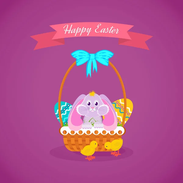 Hare sitting in basket to Easter eggs, birds running alongside. — Stock Vector