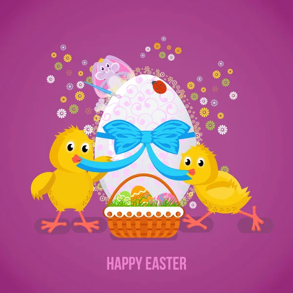 Dos polluelos desatan la cinta en el huevo de Pascua . — Vector de stock