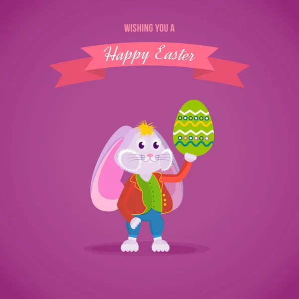 Conejo con ropa, sosteniendo un huevo de Pascua en su mano . — Vector de stock