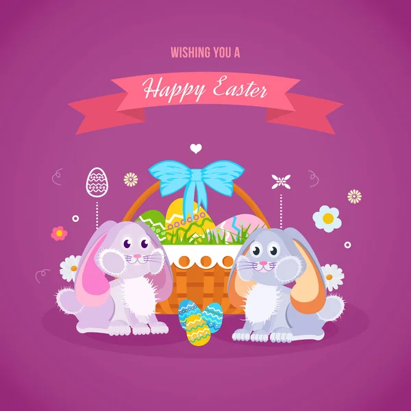 Dos encantadores conejos festivos, cerca de la canasta con huevos de Pascua . — Vector de stock