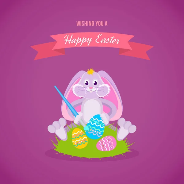 Festive rabbit is sitting on lawn and coloring Easter eggs. — Stock Vector