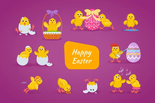 Los pollos encantadores se divierten, celebran, se complacen, en Pascua, corren, vuelan . — Vector de stock