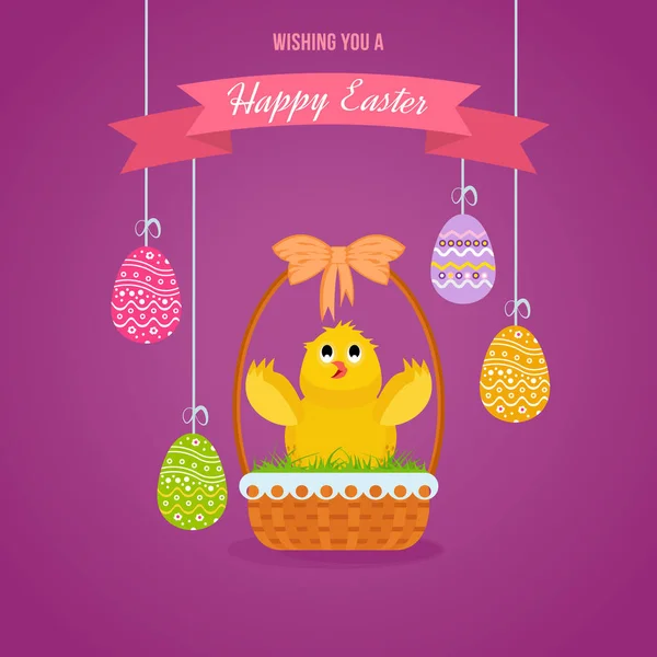 Nestling in basket against background of Easter eggs, raises wings. — Stock Vector