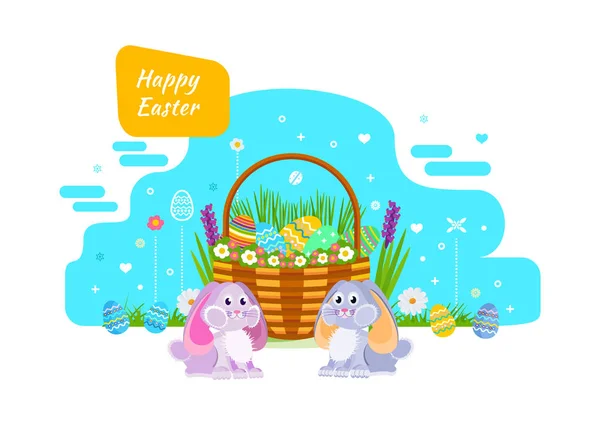 Dois adoráveis coelhos festivos, perto da cesta com ovos de Páscoa . — Vetor de Stock