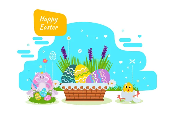 Cute bunny paints Easter eggs with a brush and paint. — Stock Vector