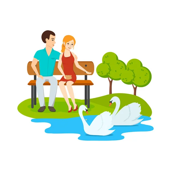 Młoda para, odpocząć na ławce parku w pobliżu jeziora z łabędziami. — Wektor stockowy