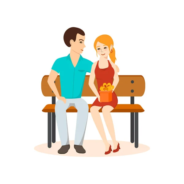 Young couple in love, relax on bench in the park. — Stock Vector