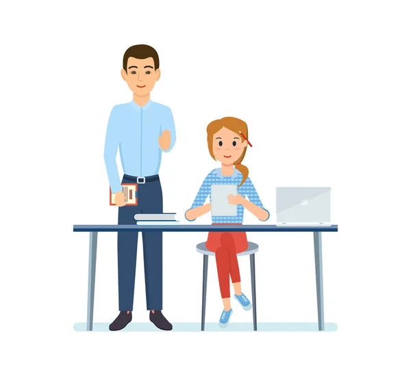 Girl shows the project on the tablet to her partner. — Stock Vector