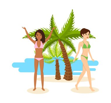 Yanık tenli kızlar bikini bir tatil sırasında denizde bekletin..