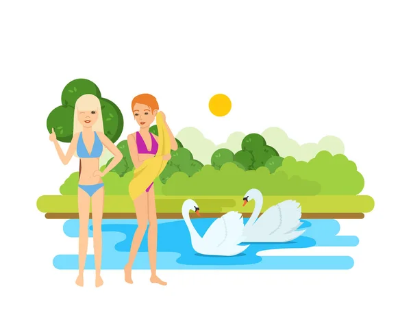 Young, beautiful, tanned girls rest and bathe on the lake. — Stock Vector