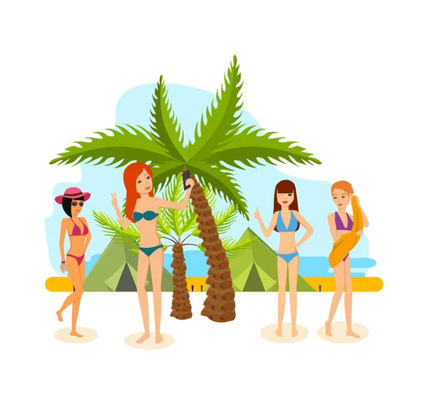 Młoda kobieta w bikini opalać się w lecie w tropikach. — Wektor stockowy
