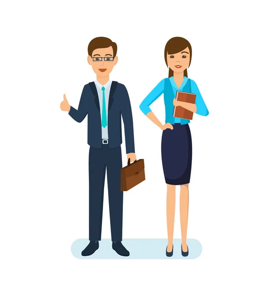 Office employee with documents in hand, next to her colleague. — Stock Vector