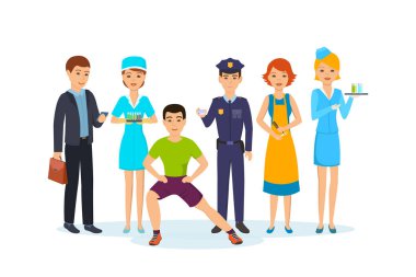 İşadamı, hemşire, fitness eğitmeni, polis memuru, Kuaför, içecekler ile kız.
