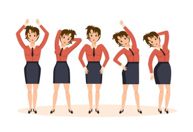 Egzersizleri yapıyor kız ofiste çeşitli pozlar ve durumları,.