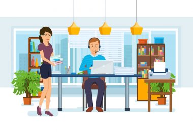 Ofis çalışanları meslektaşları iç ofis arka planda.