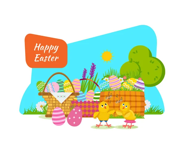 Dos polluelos juguetean y se divierten al lado de la cesta de Pascua . — Vector de stock