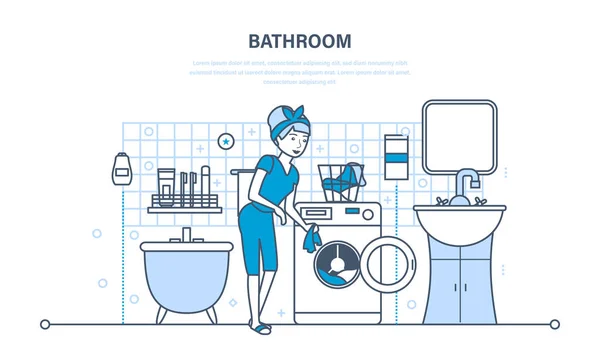 La fille est engagée dans le lavage et le nettoyage dans la salle de bain . — Image vectorielle
