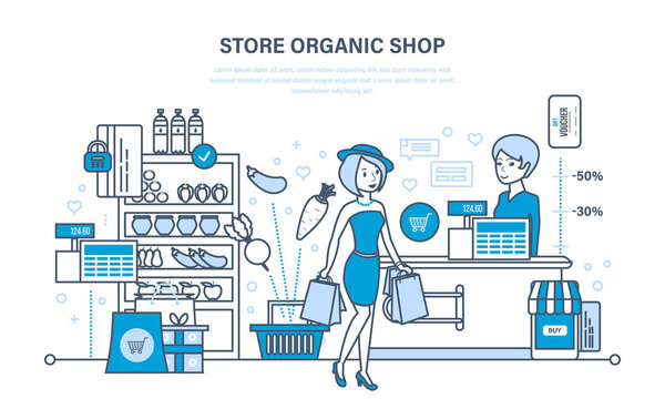 Shop organic products, counter with products, ordering and purchasing goods.