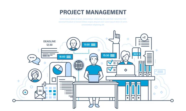 Organização do processo de trabalho, tempo, planejamento de negócios, estatísticas, análise, trabalho em equipe . — Vetor de Stock