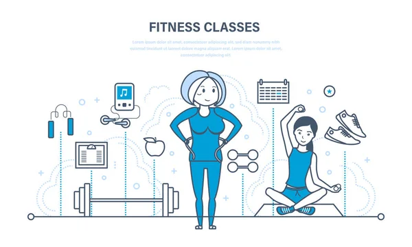 Fitness klassen, gezonde levensstijl, actieve sport en yoga, versterking van lichaam. — Stockvector